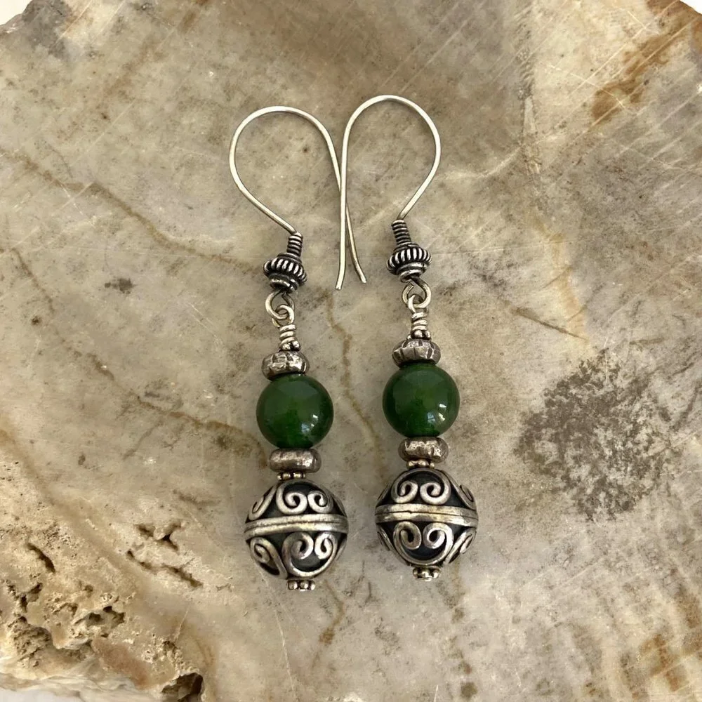 Sterling Silver 925 Round Beaded Nephrite Oxidized Scrollwork Dangle Earrings